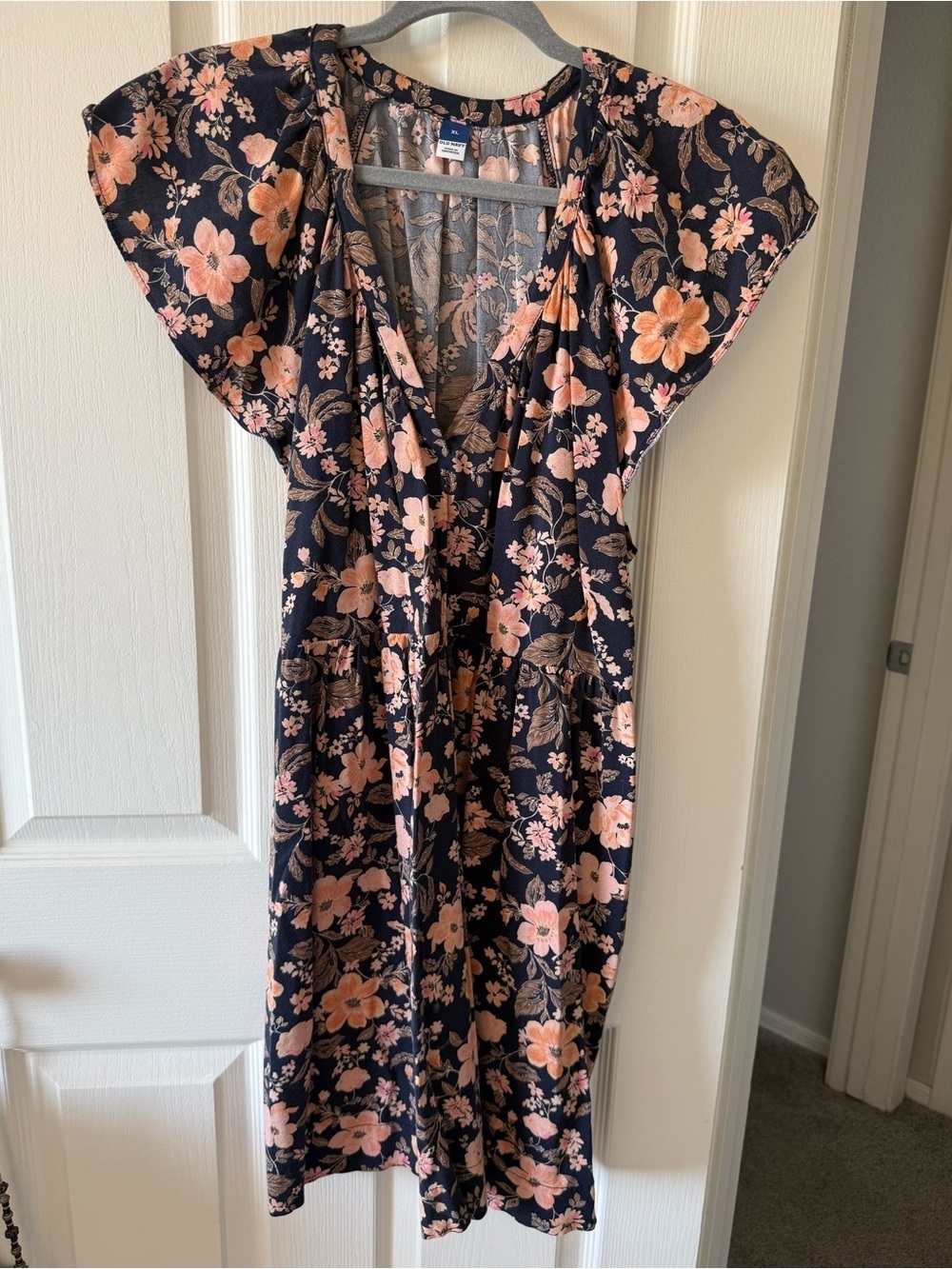 Old Navy Floral Flutter Sleeve Tiered Midi Dress Navy Peach Size XL